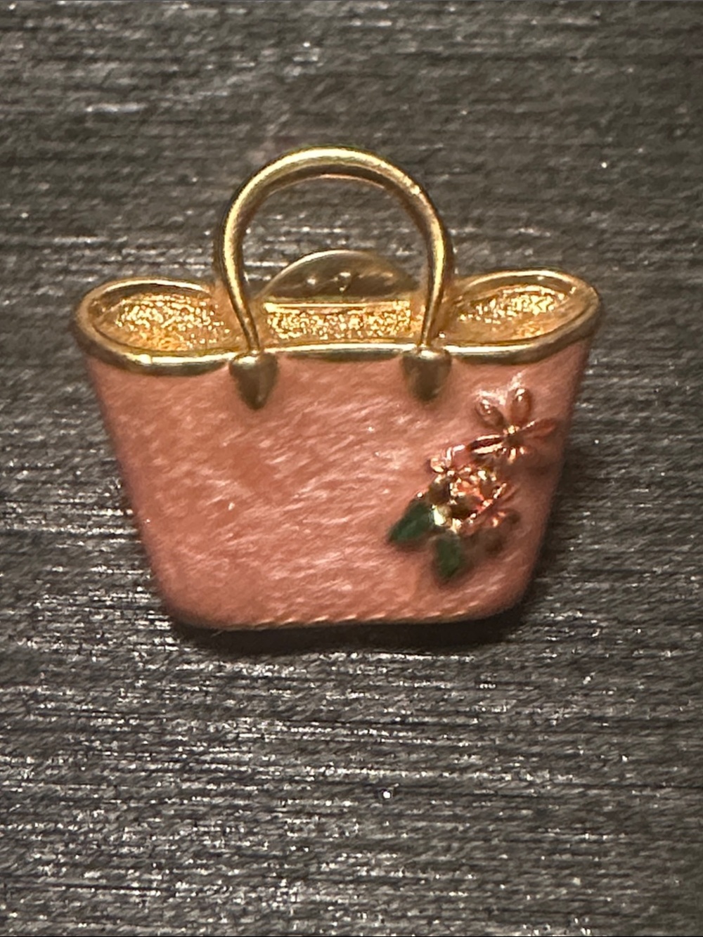 Avon Pink and Gold Floral Tote  Vintage Brooch Signed